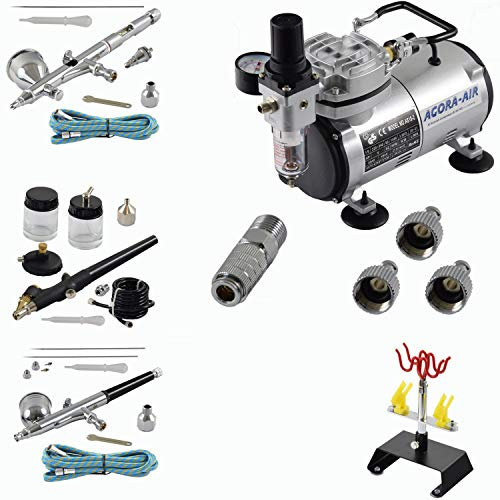 Agora-Tec® Airbrush Komplett-Set EXPERT IV.13, inkl. Kompressor mit 4 bar und 20l/min + 3 Airbrushpistolen mit 0,2 & 0,3 & 0,5 & 0,8mm Nadeln/Düsen + 3 Schnellkupplungen + 4-fach-Halter + 2 Schläuche + Adapter