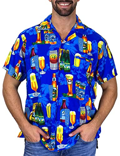 V.H.O. Funky Hawaii-skjorta för män, kortärmad med frontficka och Hawaii-tryck: strand, palmer och olika färger, XL