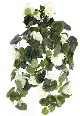 kunstpflanzen-discount.com Kunstblume Geranie hängend ca. 70cm lang mit 22 weißen Blüten und 128 Blätter - Künstliche Pelargonien Hängegeranien zum Stecken