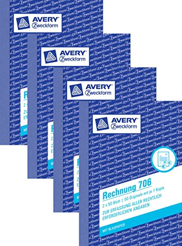 4er Sparpack Avery Zweckform 706 Rechnung, DIN A6, vorgelocht, 2 x 50 Blatt, weiß