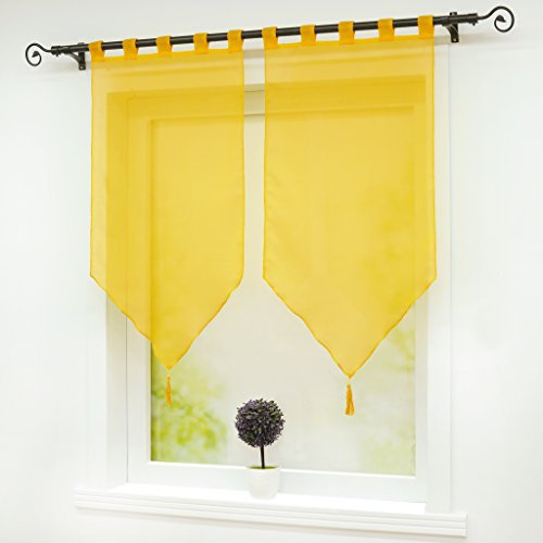 Joyswahl Scheibengardine Voile Bistrogardinen mit Quaste Gelb Schlaufen | BxH 45x90cm, Panneaux 2 Stück, Fenstergardinen Einfarbig, Melina Kurzstore landhaus, Küchengardine Transparent, Kleinfenster