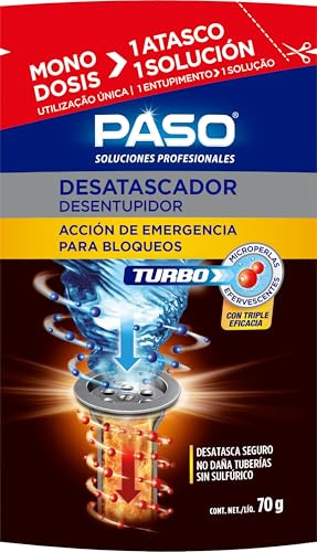 PASO - Desatascador Turbo Tuberías Monodosis - Microperlas Efervescentes de Acción de Emergencia para Bloqueos Totales, Sin Ácido Sulfúrico y Seguro para Tuberías - 70gr