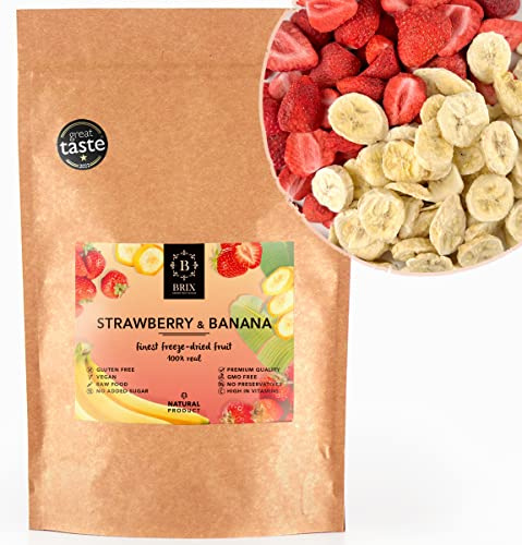 BRIX, GROWN FOR FLAVOUR - Frystorkad jordgubbe och banan (110 g) - Great Taste Award, Crispy & Superläckert hälsosamt mellanmål, 100 % naturliga, vitaminer behållna