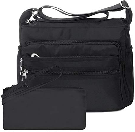 NOTAG Umhängetasche Damen, Wasserdicht Nylon Schultertasche Mehrfachtasche Handtasche mit RFID Geldbörse (S, Schwarz)