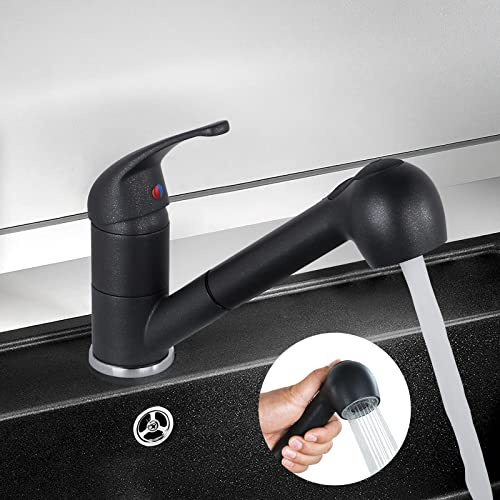 ARCORA Grifo de Cocina Extraíble, Grifo Monomando Giratorio 96°, Aleación de Zinc y Cobre, Cartucho de Cerámica, 2 Modos de Chorro, Forma de Pipa para Cocina Moderna o Autocaravanas, Cuarzo Negro