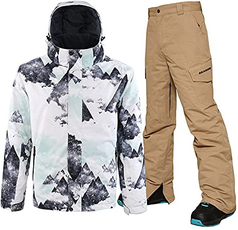 YEEFINE Men's Ski Suit Waterproof Snowsuit Winter Ski Jacket and Pants Set Outdoor Warm Snow Snowboard Suit (C2+Khaki, L)