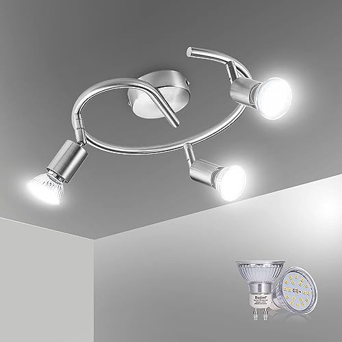 Bojim Plafonnier LED 3 Spot, Luminaire Plafond Lustre Orientable GU10 Light, Lampe Eclairage de Cuisine Applique, Ampoules Blanc Neutre Incl 3 x 6W, pour Interieur Salle Manger Salon Bain, Nickel Mat
