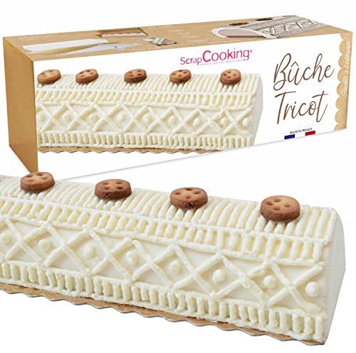 SCRAP COOKING - Kit di tronco per lavori a maglia - Dessert di Natale originale - Con stampo, supporto dorato, boccola in acciaio inox, tasca/cofanetto pasticceria e ricetta tronco vaniglia marroni -