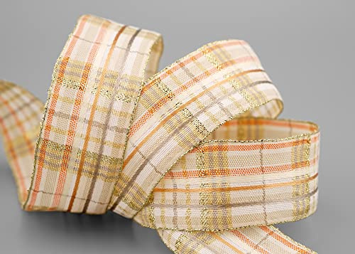 finemark 20 m x 40 mm Karo Dekoband Santa's Pants Creme Apricot Gold Kariertes Geschenkband mit formstabilen Kanten glänzend Schleifenband Stoffband Deko Band Weihnachten Advent Lurexkante Goldkante