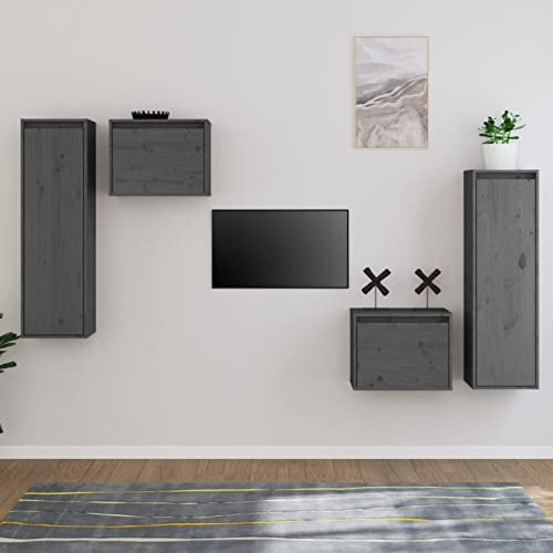 Gecheer 4 STK. Wohnwand Schrankwand Anbauwand Wohnzimmerschrank Mediawand Hängevitrine Wandregal TV-Lowboard Grau Massivholz Kiefer