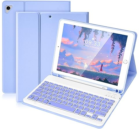 SOPPY Funda con teclado Bluetooth para iPad de 6ª/5ª generación (2017-2018), iPad Pro 9.7, iPad Air 1-2, teclado inalámbrico desmontable con soporte para lápices, funda protectora delgada, recargable