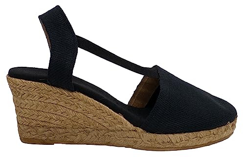 Valenciana Cano Confort 1908 Sandalia Alpargata Elasticos Sandalia DE Mujer Tela CUÑA Esparto Alta Negro 9058 (Negro, Numeric_39)