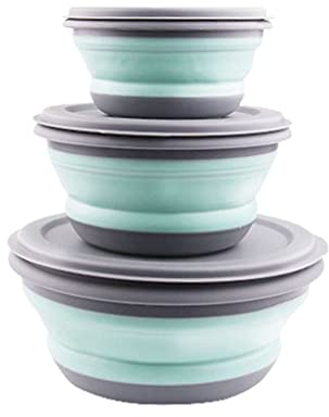Leadigol 3 cuencos plegables de silicona, fiambrera portátil, contenedores expandibles para almacenamiento de alimentos, ensaladera plegable con tapa (verde)