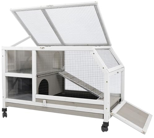 Gowoodhut Indoor Rabbit Hutch - 36''L Outdoor Wooden Bunny Hutch with Wheels Rabbit Cage Guinea Pig Cages Removable Pull Out Tray, Ramp, Hideout, Small Animals Pet House Hamster Ferret for Bunny Cage