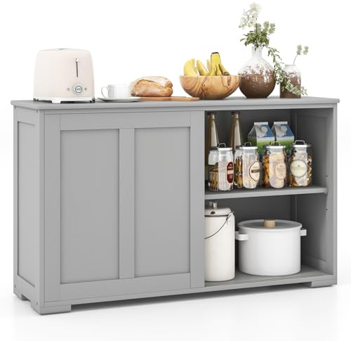 Giantex Buffet Cabinet with Storage, Coffee Bar Wine Cabinet, Farmhouse Sideboard w/Sliding Door, Adjustable Shelves, Cupboard, Kitchen Storage Cabinet, Buffet Table for Living Room Entryway, Grey