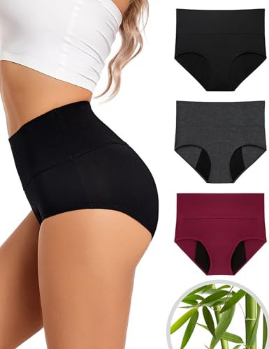 EcoPeriod Periodenunterwäsche für Damen, starker Blutfluss, hohe Taille, postpartale Unterwäsche, Menstruation, auslaufsicher, Periodenhöschen, 3er-Pack, Schwarz + Dunkelgrau + Weinrot, S