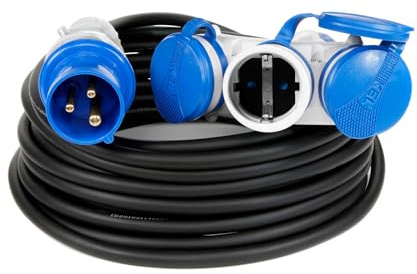 KEL Camping CEE Adapter Gummi Verlängerungssteckdose 5m - 3-Fach Kupplung 230V / 16A Dreifach-Schuko-Steckdosen, Kabelquerschnitt 3 x 2,5, IP44 für den Außeneinsatz, Camping, Caravan und Wohnwagen