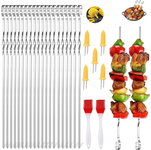 Grillspieße Edelstahl,20 Stück Grillspieße Edelstahl,grill kabob spieße edelstahl Kebab spieße,Silikonölbürste mitgeliefert und Maiskolbenhalter,für Grillpartys im Freien und im Garten