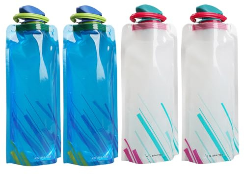 Mrracxy 4 Stück Faltbare Trinkflaschen, Wiederverwendbare Trinkflasche Faltbar, Wasserflasche BPA-Frei Sportflasche für Trinkrucksack, Fahrrad, Wandern, Joggen, Trekking, Camping und Klettern, 700ml