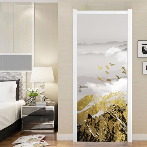 Türtapete Selbstklebend Goldener Vogel Schwarz Türfolie Selbstklebend PVC Türaufkleber Abnehmbar Türposter Abziehen und Aufkleben Türtapete Wasserdichte Tür Folie Selbstklebend 88x200cm