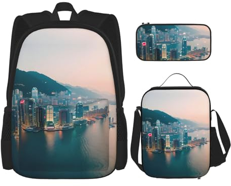 GaxfjRu Hong Kong - Juego de 3 mochilas para almuerzo con lonchera y estuche para lápices, perfecto para la escuela, mochila para hombre