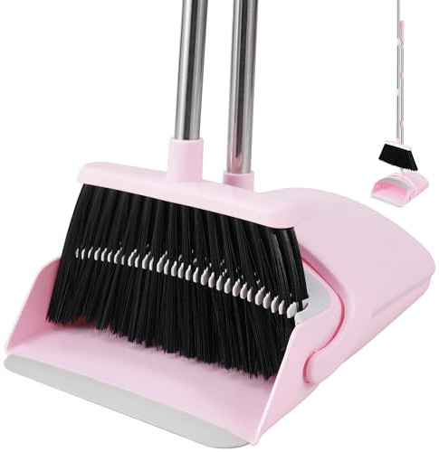 BSKLIN Broom and Dustpan Set, 52” Long Adjustable Handle Broom with Dustpan Combo Set with Dust Pan Teeth to Clean Hair for Home Lobby Office (Pink)