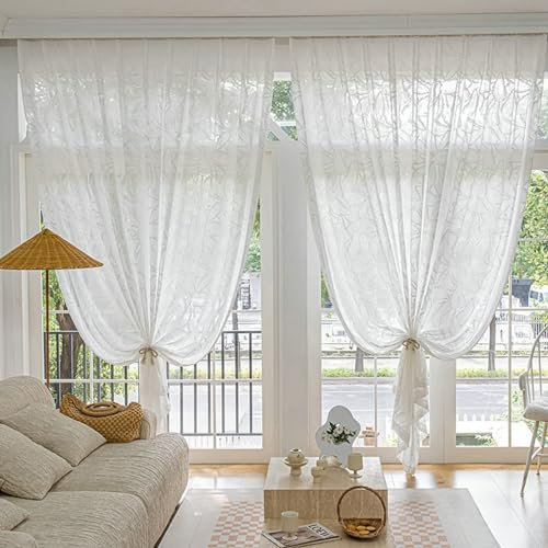 Beydodo Gardinenschals 2er Set mit Schlaufen, Vorhänge Halbtransparent 102x138CM mit Blätter Motiv Französisch Gardinen Polyester Weiß Lichtdurchlässig Schiebevorhänge Wohnzimmer Schlafzimmer