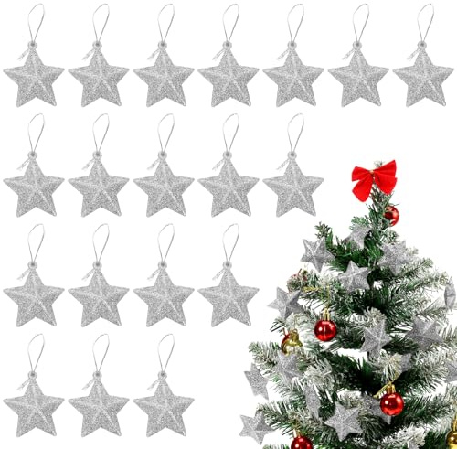 24Pcs Silver Glitter Star Ornaments Christmas Tree Pendant Mini Hanging Stars Mini Silver Glitter Pendant Xmas Tree Ornament 3D for Christmas