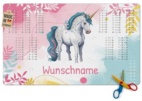 Pr Print Royal Schreibtischunterlage selbst gestalten mit Name - mit kleinem Einmaleins - Einhorn - Waschbar, Personalisierte Geschenke zur Einschulung | 60x35 cm, Rutschfest