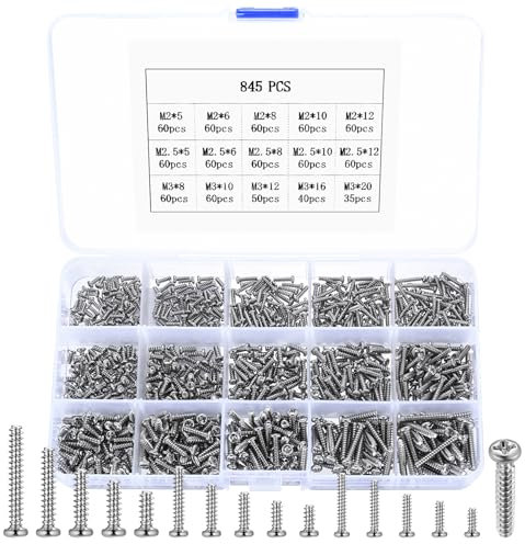 M2 M2.5 M3 Self Tapping Screws, 845 Pcs Assorted Wood Screws Assortment Set, Cross Round Pan Head Screw for Furniture Masonry Decking Screw (845)