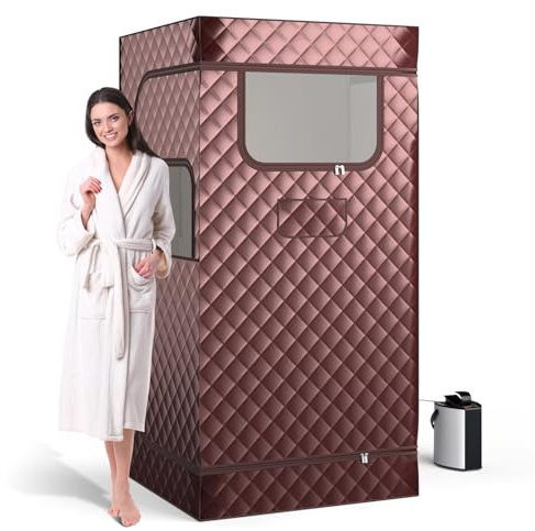 COSTWAY Ångbastu för hemmet, helkroppsbastubastu med 3 liters ånggenerator, fjärrkontroll, fotmassageapparat och fällstol, bärbart bastutält 91 x 91 x 183 cm (brun)