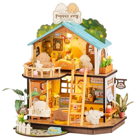 ROBOTIME DIY Miniature House Casa de Muñecas Casa para Cachorros, Casa Miniatura para Montar de Madera con LED, Maqueta Miniatura Biblioteca Regalo para Adultos y Niños