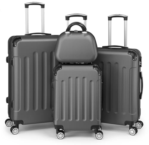 LEADZM Kofferset 4 teilig (Dunkelgrau) | Reisekoffer Set mit Kosmetikkoffer und Eckenschutz, Koffer Set Hartschalen-Trolley aus ABS mit Teleskopgriff, Handgepäck