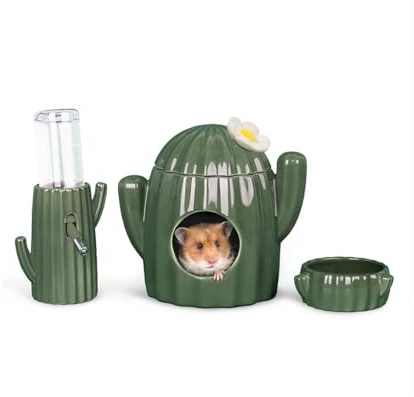 Cactus Ceramic House,Food Bowl,Water Bottle Stand Holder for Syrian Hamster Gerbil Small Pet Animals. Small Animal Habitat, Hamster Accessories(3PCS)