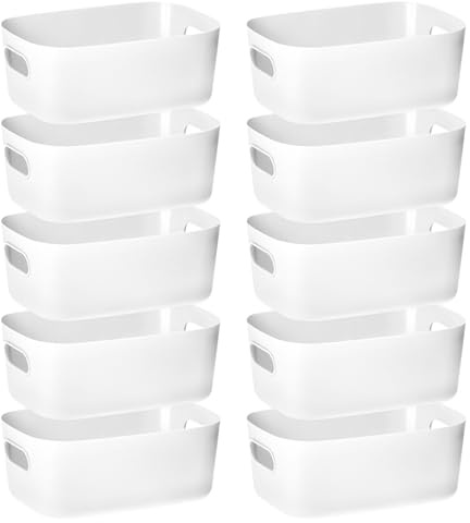 QWORK® 10 Stück weiße Kunststoff-Aufbewahrungsboxen mit Griff 24.5 x 16 x 10 cm, stapelbare PP-Behälter, ideal für Zuhause, Büro und Schule