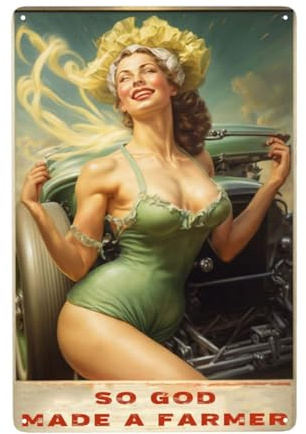 asbwuo Metallschild „Farmer Lady, 20,3 x 30,5 cm, amerikanisches Vintage-Auto, Wandkunst für Hotel und Garage, feminines Dekor mit Gottesstrahlen-Motiven (Geschenk für Café, Bar, Büro)