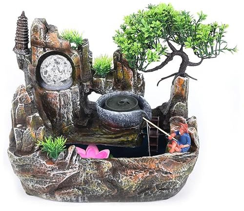 Zen Tischbrunnen mit LED Licht und Wasserfall, Harz Zimmerbrunnen mit Kiefer, Pavillon und Kugel, Feng Shui Dekoration für Meditation, Entspannung, Geschenkidee – H 26 cm