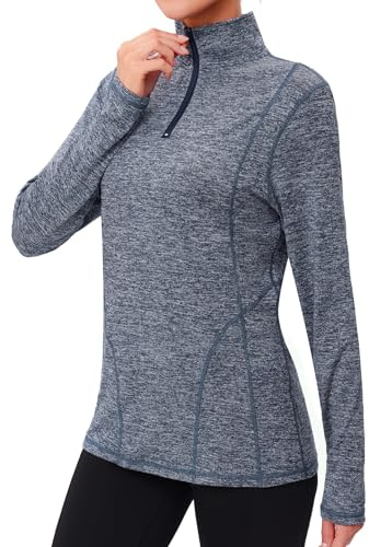 Terecey Women's Long Sleeve Sports Tops 1/4 Zip Gym Tops UPF 50+ Quick Dry Running Shirt Lightweight UV Sun Protection Workout Top for Golf Cycling Fitness Yoga, Navy Blue L