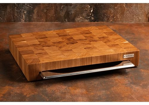 Premium Schneidebrett aus Stirnholz Eiche 40×30×5,5 cm – mit Edelstahlschublade 1,3 L | Küchenbrett massiv & rutschfest | Hackblock Holz Schneidebrett professionell geölt – Geschenkidee