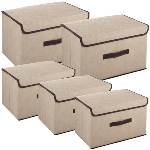 LDHHYH 5PCS Fabric Storage Boxes with Lids, Foldable Organiser Containers for Shelves, Large Beige Cardboard Containers for Wardrobe Closet Shelves, 38x25x25CM
