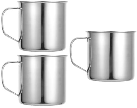 DIYEAH Lot de 4 Tasses en Acier Inoxydable avec Anse, Argenté, pour Boisson | Vaisselle Inox Garçon et Filles, Tasse à Café en Métal, Verre D'eau, Gobelet à Boire