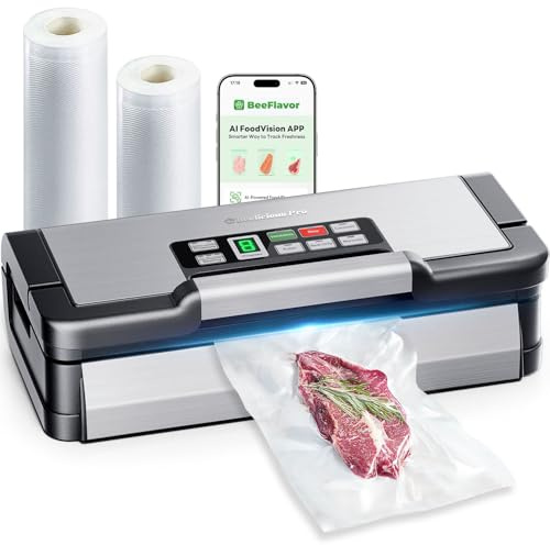 95kPa Vacuum Sealer Machine with AquaLock Technology, for Moist Seals, 2X Seal & 130W, Fully Automatic Food Sealer, Built-In Cutter, Bag Storage & Hose, Precision Sealing, 2 Bag Rolls,Stainless Steel