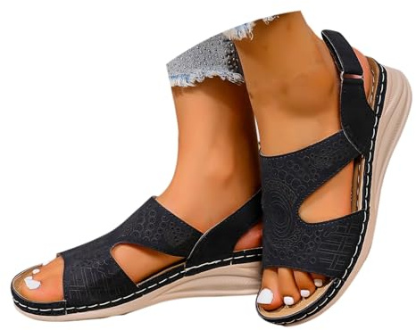 Ortopediska sandaler dam sommar tofflor öppna platå sommarskor mjuka sålar vandringssandalen halkfria sommarsandalen strand semester kilsandalen sandaletter dam kilklack, svart, 37 EU