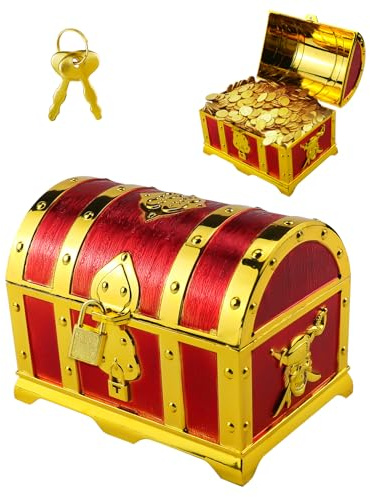Suevut Coffre au trésor pour anniversaire d'enfant, coffre aux trésors en or, boîte refermable avec couvercle et serrure avec clé, pour ranger et décorer, cadeau pour enfant, 14x9,7x9,5cm