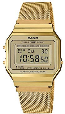 Casio Unisex Quartz Armbanduhr, 36.00mm Gehäusegröße mit LCD digital Zifferblatt und Gold Mesh Bracelet Armband A700WEMG-9AEF