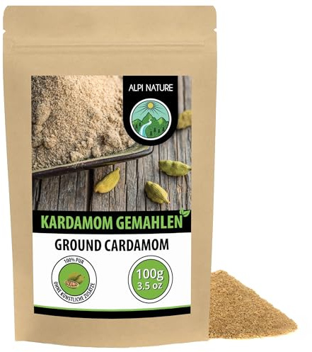 Alpi Nature Kardamom gemahlen 100g, Kardamomkapseln gemahlen | grüner Kardamom Samen Pulver, Cardamom Pulver, ideal für Chai & Desserts