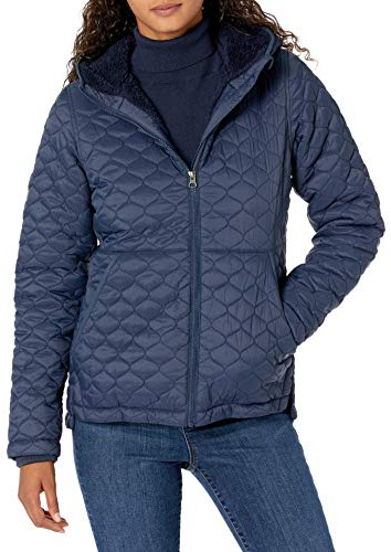 Amazon Essentials Chaqueta Acolchada Ligera y Resistente al Agua con Capucha y Forro de Sherpa para Mujer, Color Azul Marino, Talla M