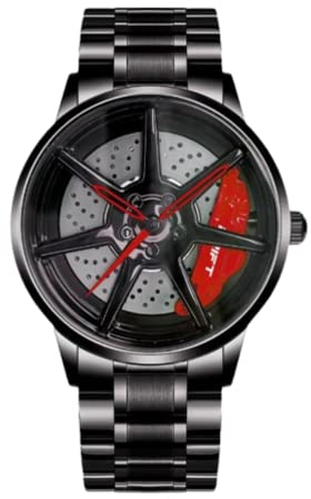 DriftElement Motorsport - Orologio da polso da uomo, design a forma di cerchione 3D, in acciaio inox, design personalizzato con vetro, orologio al quarzo, Colore: rosso
