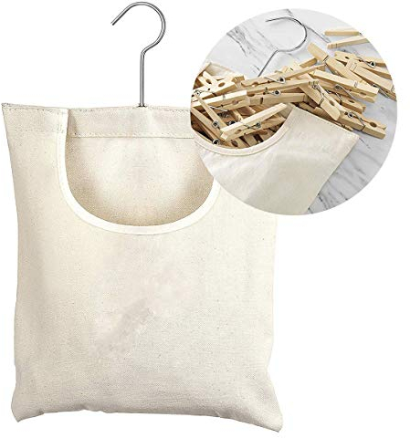 Haokaini Clothespin Storage Bag - White and Black Fabric - Holds 200 Clothespins - Durable Oxford Cloth - 360° Rotatable Hook