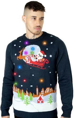 NOROZE LED jultröja för män unisex presentträd alf jultomten jultröja pullover topp (XL, Flygande jultomten Marin)